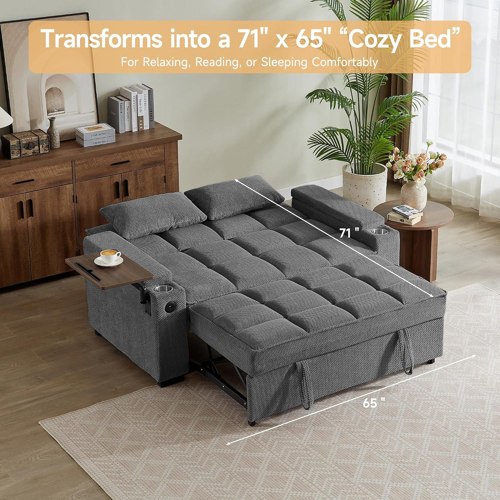 Auvsoce 65'' Chaise Lounge Chair Indoor, 3-in-1 Convertible Sofa Bed with Pull-Out Design, 360° Swivel Side Table, Modern Granular Velvet Couch Bed for Living Room, Small Space & Apartment-Friendly