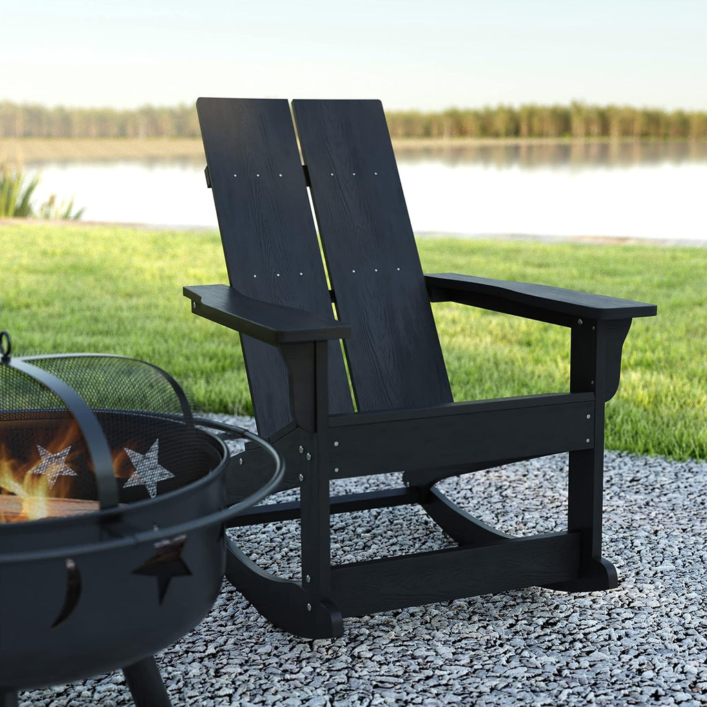 EMMA + OLIVER Harmon Adirondack Rocking Chair - Black Poly Resin - Suitable for Indoor/Outdoor Use - All Weather Materials - Easy Assembly - 350 lb. Weight Capacity