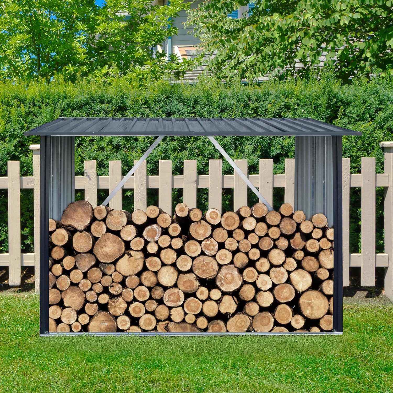 Ball & Cast 85.5' Outdoor Steel Firewood Rack Metal Storage Shed with Middle Stiffener and Reinforced Base,Multi-Functional Waterproof Cabinet W/Roof,for Equipment Machines,Black
