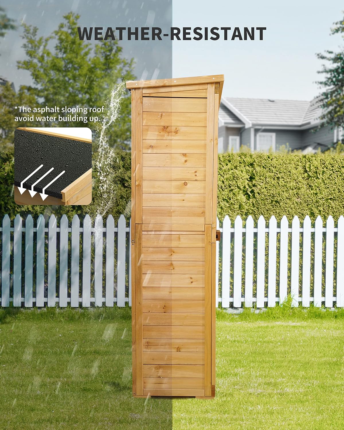 Gizoon Outdoor Storage Cabinet with 3 Shelves, Double Lockable Wooden Garden Shed with Waterproof Roof, Outside Vertical Tall Tool Shed for Yard Patio Lawn Deck-Natural