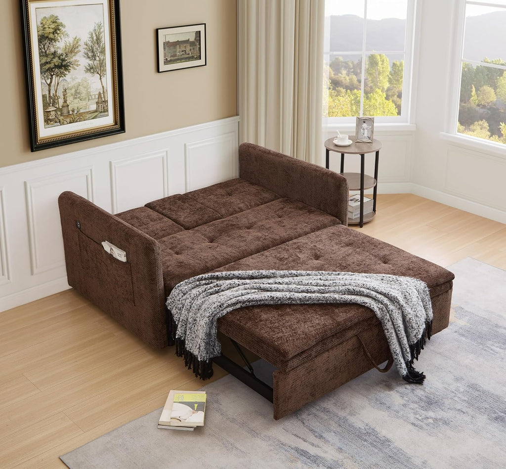 57.48' Convertible Sofa Bed with Cup Holder, Pull Out Sleeper Sofa Bed with USB Charging Ports, 3 in 1 Convertible Sleeper Sofa Bed for Living Room, Apartment, Bedroom, RV, Brown