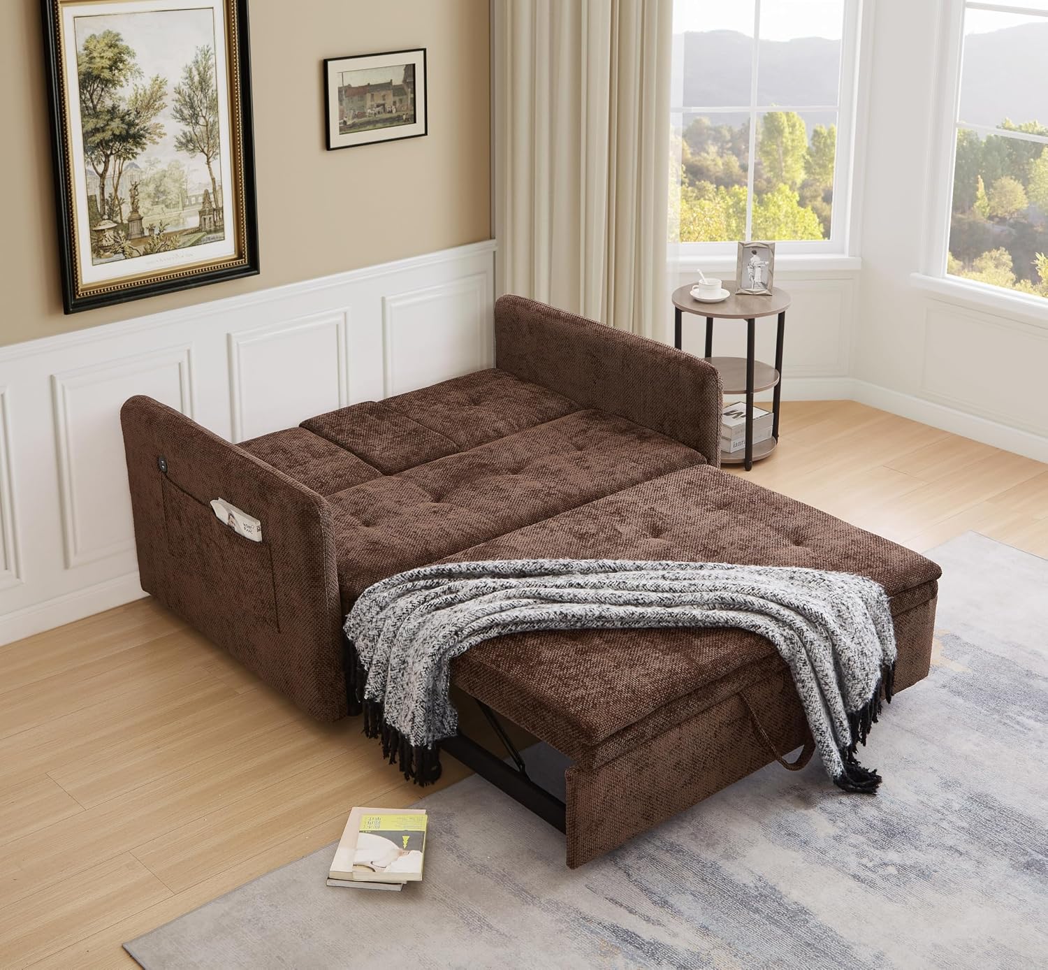 57.48' Convertible Sofa Bed with Cup Holder, Pull Out Sleeper Sofa Bed with USB Charging Ports, 3 in 1 Convertible Sleeper Sofa Bed for Living Room, Apartment, Bedroom, RV, Brown