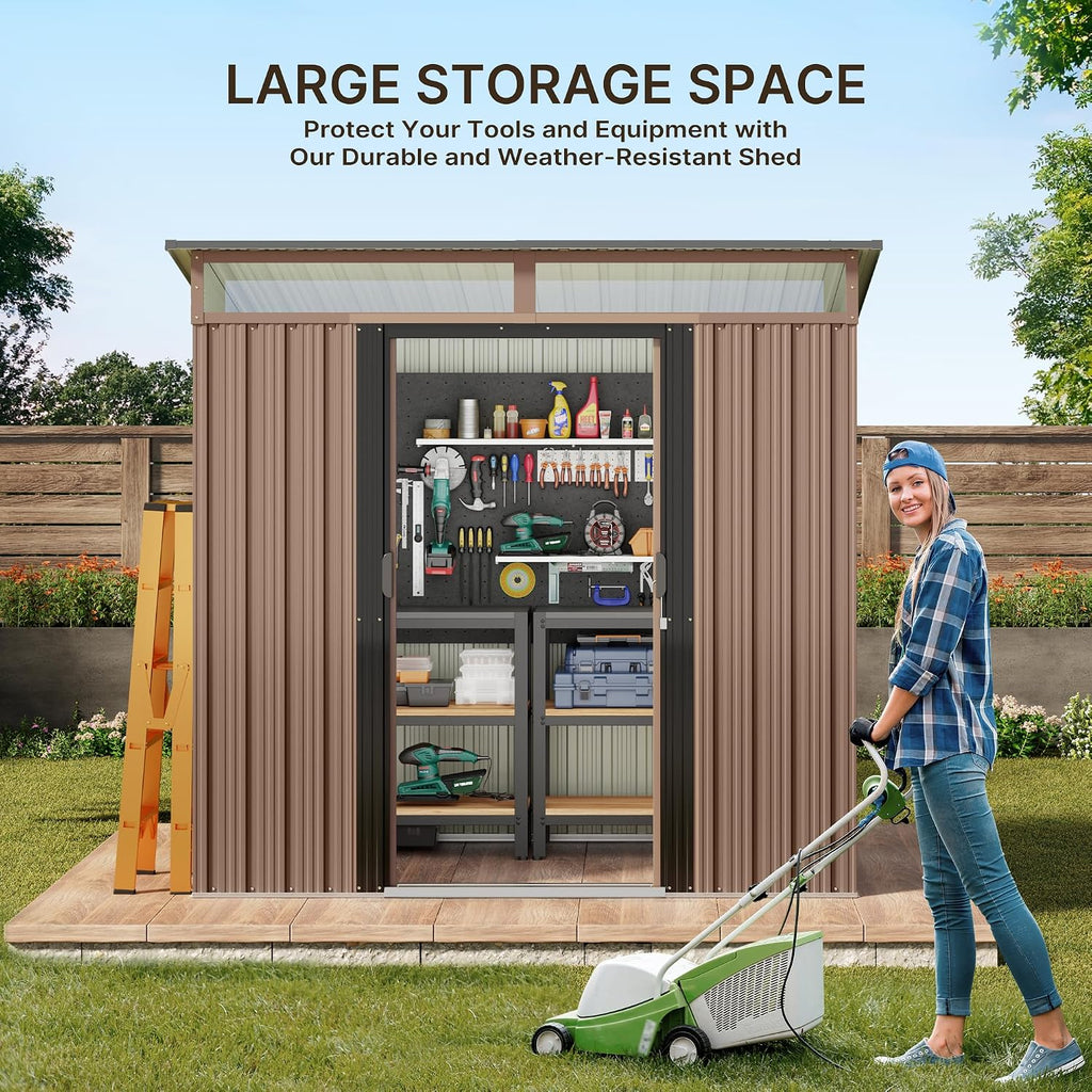 Gizoon 6'x4' Outdoor Storage Shed Metal Garden Shed with Sliding Lockable Doors, Versatile Tool Bike Shed with Transparent Panel Windows, Outdoor Storage Clearance for Backyard, Patio, Light Brown