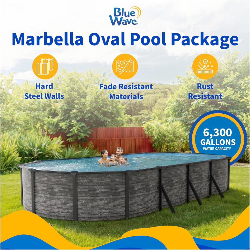 Blue Wave Marbella 12-ft x 24-ft Oval 52-in Deep Above Ground Swimming Pool – Steel Wall & Top Rails, Sand Filter, Skimmer, Liner, A-Frame Ladder & Maintenance Kit – Complete Outdoor Pool Accessories
