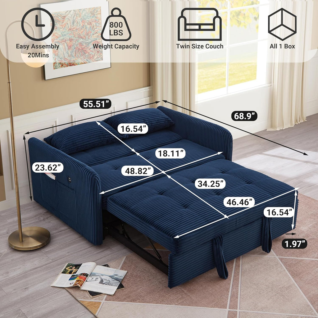 55.5' Corduroy Convertible Sofa Bed, Pull Out Sleeper Sofa Bed, Loveseat Couch with USB Charging Ports, 3 in 1 Convertible Sleeper Sofa Bed for Living Room, Apartment, Bedroom, RV, Blue