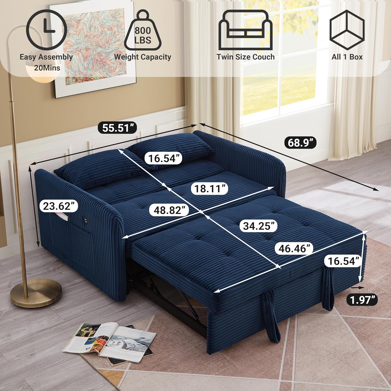 55.5' Corduroy Convertible Sofa Bed, Pull Out Sleeper Sofa Bed, Loveseat Couch with USB Charging Ports, 3 in 1 Convertible Sleeper Sofa Bed for Living Room, Apartment, Bedroom, RV, Blue