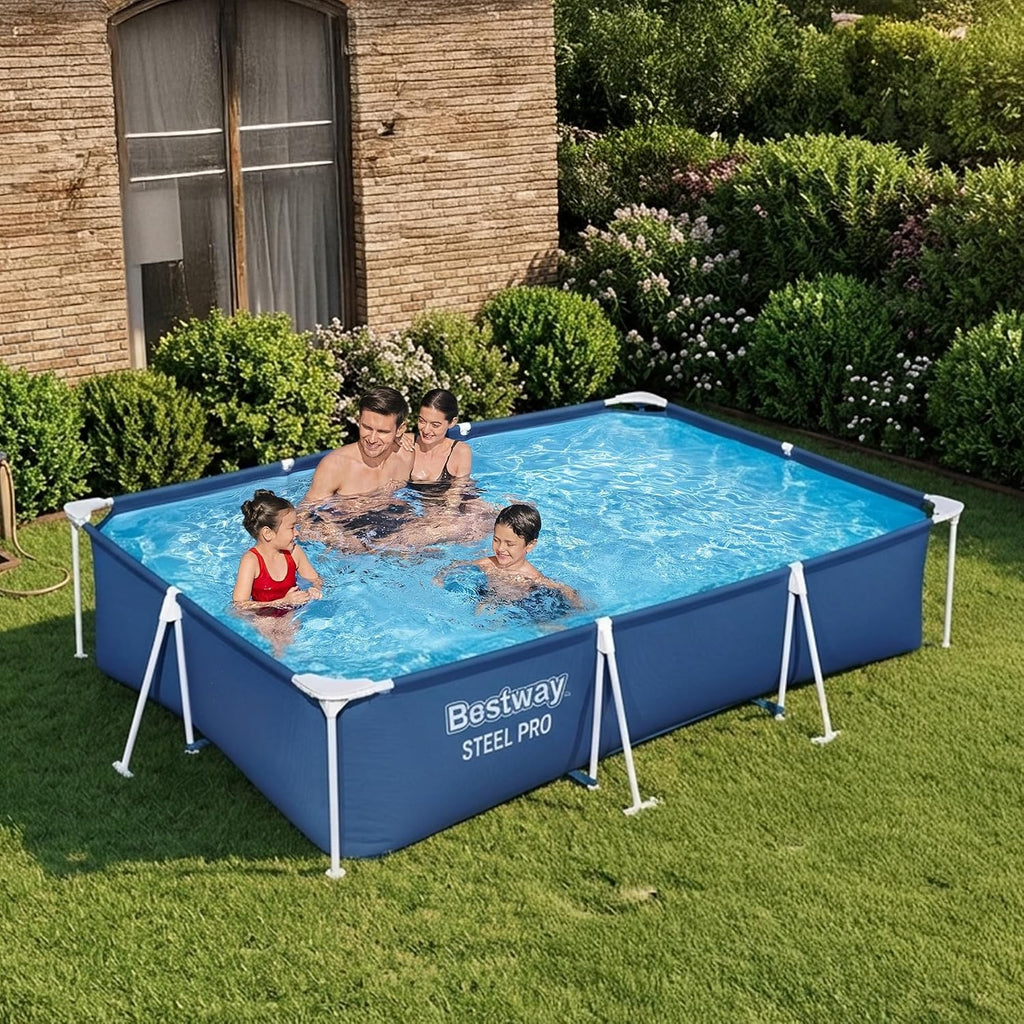 Bestway Steel Pro 9.8' x 6.6' x 26' Above Ground Pool, Rectangular Metal Frame Outdoor Swimming Pool Set with Filter Pump & Type I Cartridge, Blue