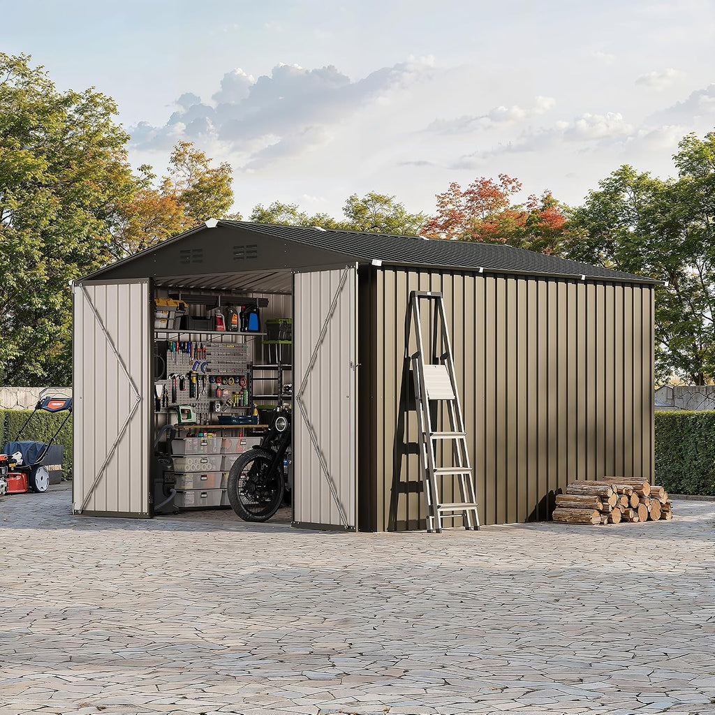 GarveeLife 10 x 10 FT Outdoor Storage Shed,Metal Garden Sheds&Outdoor Storage Clearance, Large Tool Shed Outdoor with Single Lockable Door,Ideal Storage House for Backyard Garden Patio Lawn
