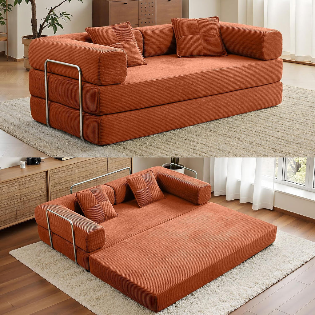 Compression Sofa - 78''Convertible Floor Sofa Bed - with Pillow Back Support Armrest - Comfy Foldable Sofa Bed Compressed Sofa in Box - Corduroy Fabric - for Living Room - Bright Orange