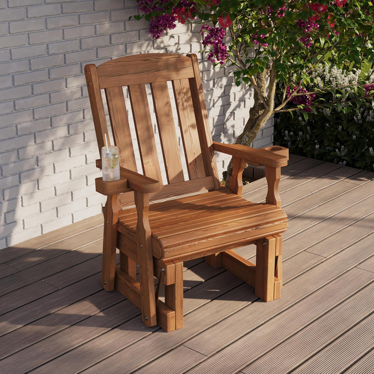 Amish Casual Heavy Duty 600 Lb Mission High Back Treated Glider Chair with Cupholders (Oak Stain)