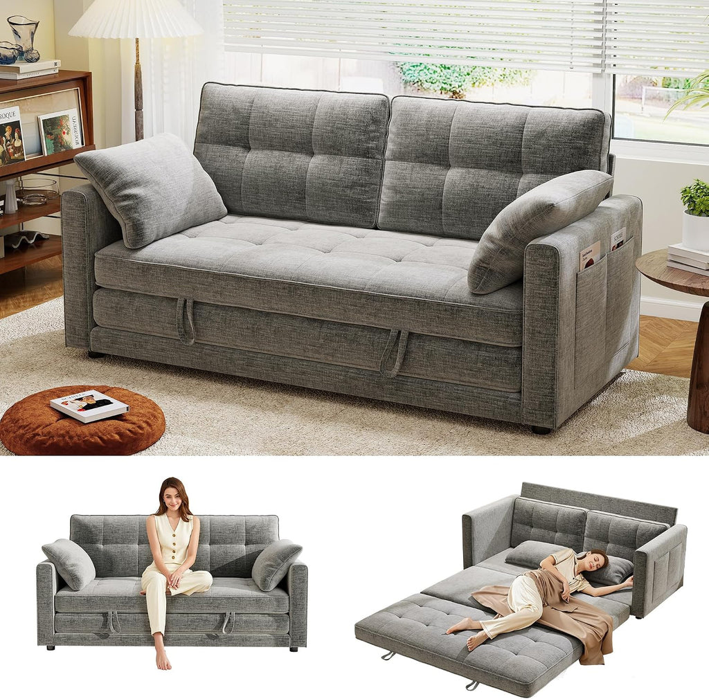 Urhanherry 65' Convertible Folding Sofa Bed, Pull Out Couch Love Seat Sleeper Bed, Small Fold Out Loveseat Sleeper with Removable Arm Pillow for Small Space, Bedroom Lounge, Office, Living Room(Grey)