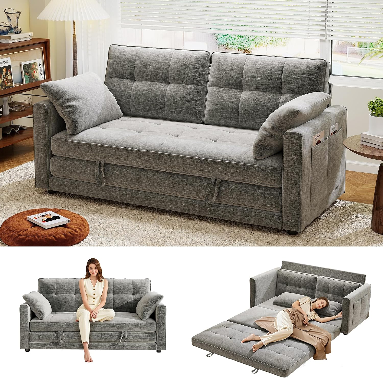 Urhanherry 65' Convertible Folding Sofa Bed, Pull Out Couch Love Seat Sleeper Bed, Small Fold Out Loveseat Sleeper with Removable Arm Pillow for Small Space, Bedroom Lounge, Office, Living Room(Grey)
