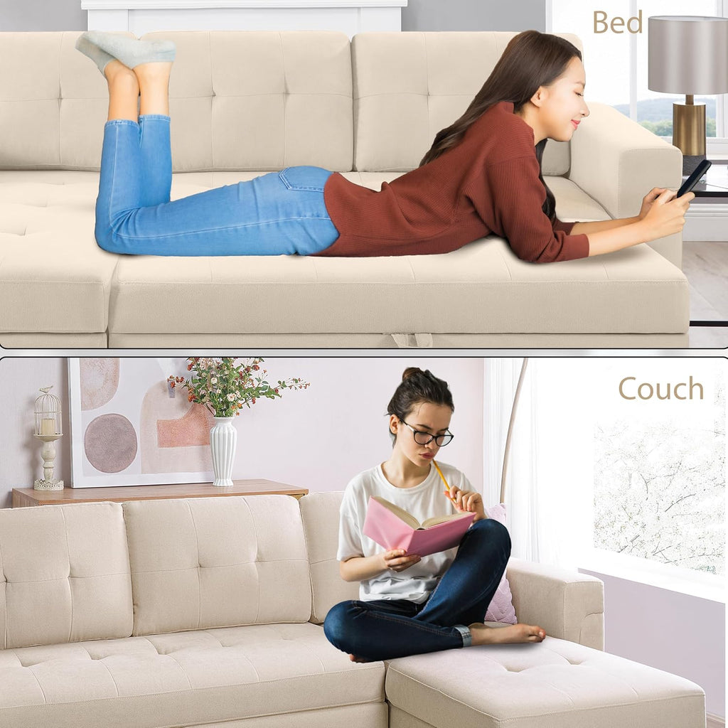 Naomi Home L Shaped Sectional Couch with Storage & Pull Out Bed – 3-in-1 Convertible Sleeper Sofa Bed, Small L Shape Sofa for Living Room, Sofa Bed with Storage Chaise in Beige, Velvet