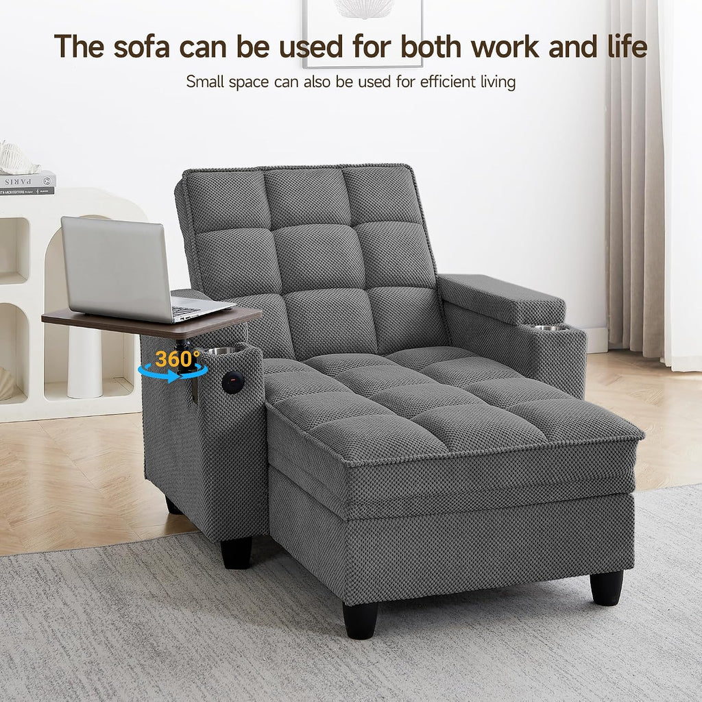 41.7' Chaise Lounge Chair Indoor, Oversized Boucle Upholstered Sofa Bed, Adjustable Backrest Deep Seat Reading Chair, Sofas Couches for Living Room with Storage, Cup Holders & 360° Swivel Side Table
