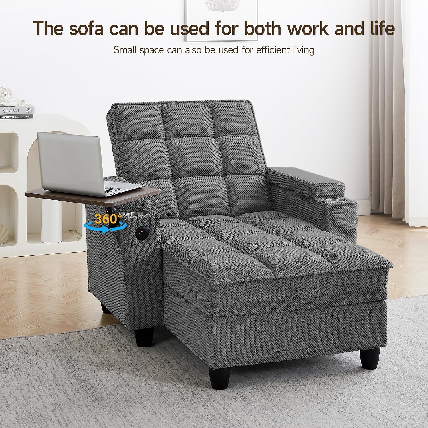 41.7' Chaise Lounge Chair Indoor, Oversized Boucle Upholstered Sofa Bed, Adjustable Backrest Deep Seat Reading Chair, Sofas Couches for Living Room with Storage, Cup Holders & 360° Swivel Side Table