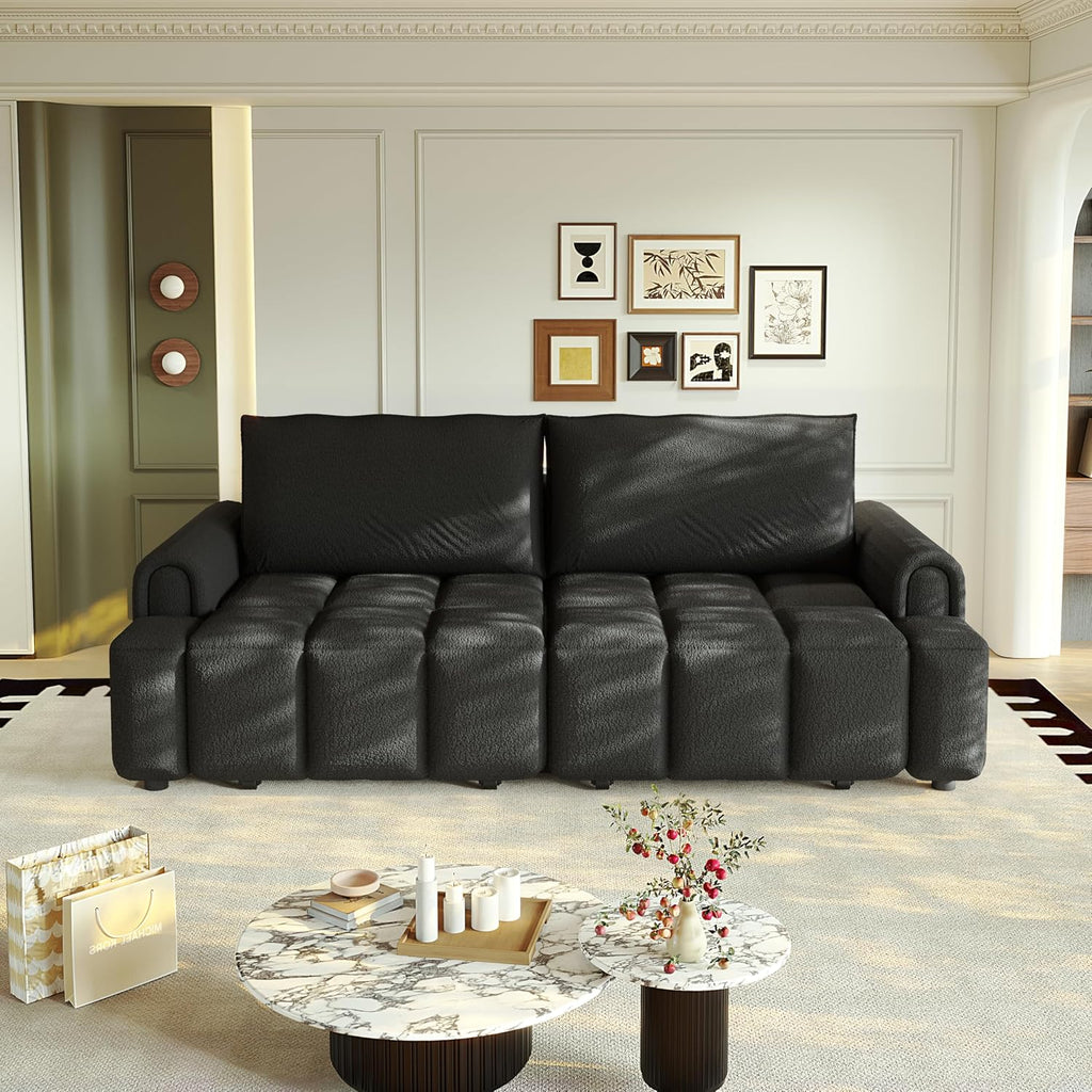 KEIKI 90.2' Modern 3-in-1 Sleeper Sofa Bed – Teddy Fabric 4-Seater Couch with Storage, King Size Convertible Sofa for Office, Guest Room, Home Workspace, Reclining Sofa Bed with Casters