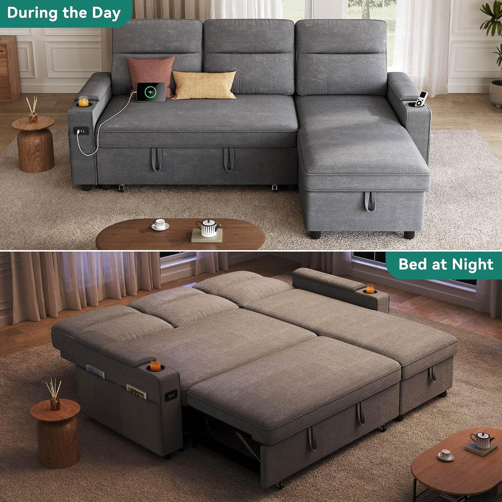 YITAHOME Sectional Sleeper Sofa with Pull Out Couch Bed, 81' Convertible Sleeper Sofa with Adjustable Backrest, Sofa Bed Sleeper Couch with Armrest & USB Port, Grey