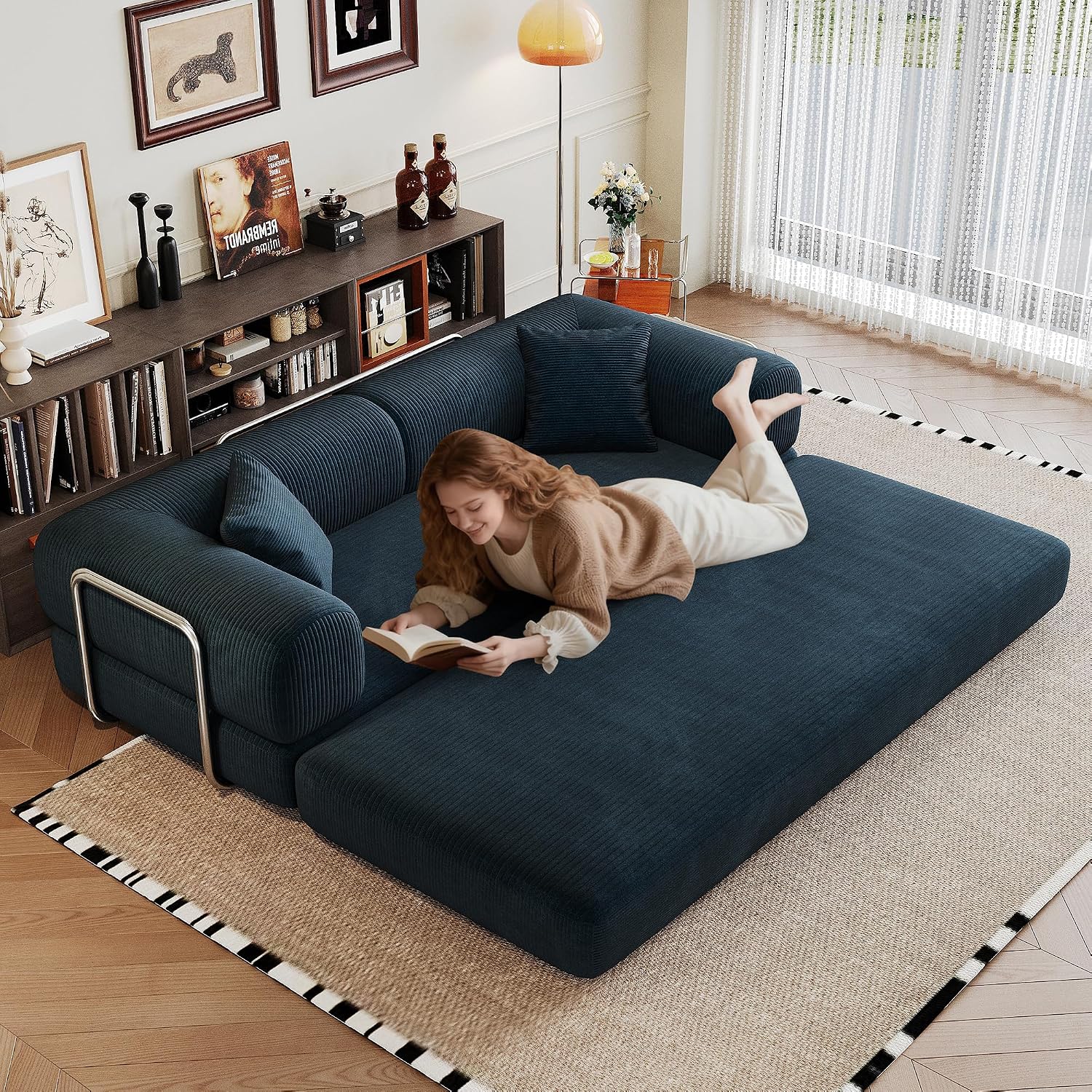 79' Convertible Sofa Bed, Corduroy Folding Pull Out Couch with Pillows, No Assembly Modern Boneless Couch Compression Sofa in Box, Floor Sofa with Support Rods for Living Room,Blue