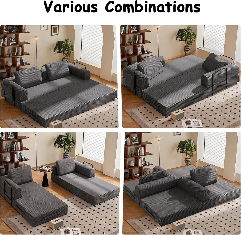 78' Convertible Sofa Bed, 5-in-1 Boneless Sleeper Sofa with with Fixed Frame & Pocket, Corduroy Pull Out Couch with 2 Pillows, Couch Bed for Living Room, Small Spaces, Bedroom, No Assembly
