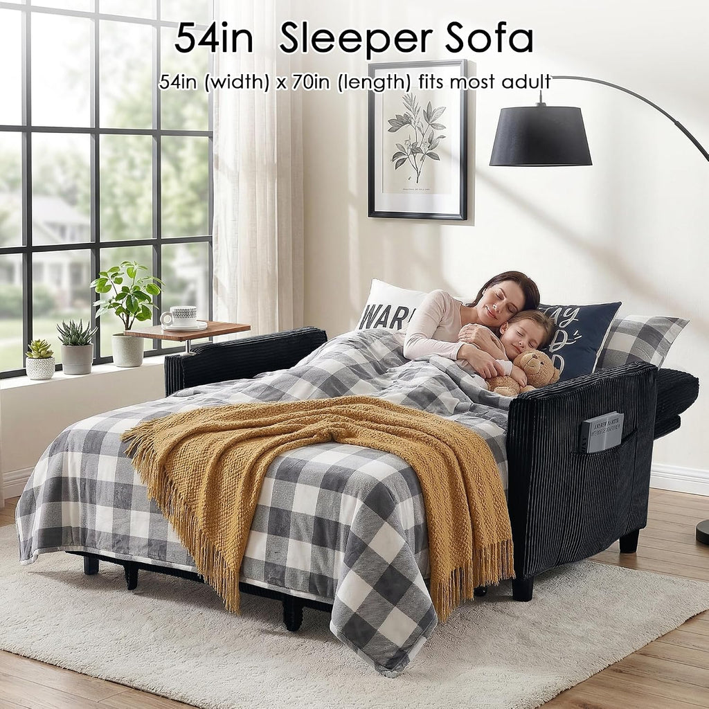 Sleeper Sofa Bed, 54'' Convertible Pull Out Couch with Small Table| USB Port | Side Pockets | Corduroy Fabric | Adjustable Backrest for Apartment, Office, Bedroom, Guest Room (Black)