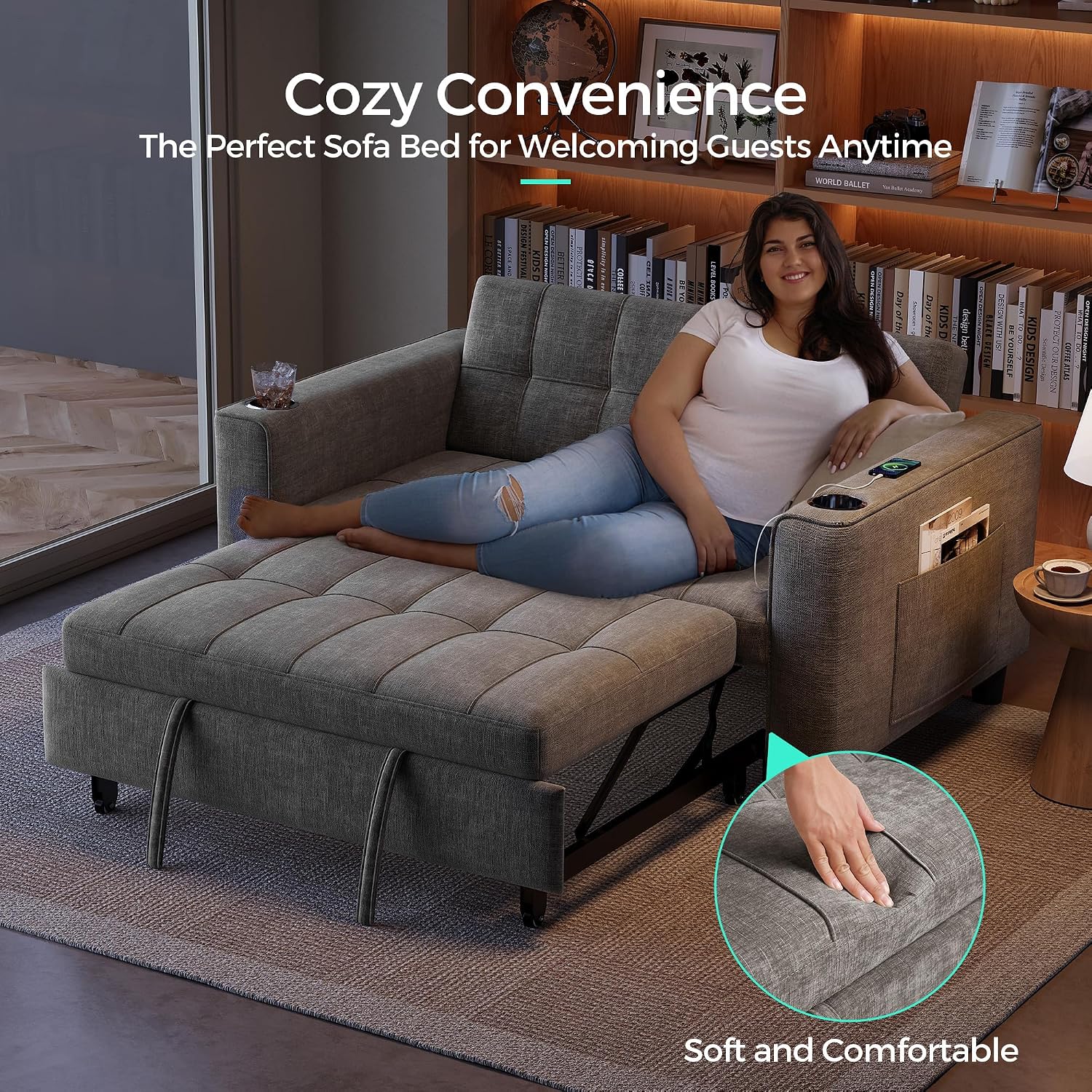 LINSY 3-in-1 Convertible Sofa Bed, 54' Pull Out Sleeper Sofa with Charging Station & Cup Holder, Small Folding Loveseat with Side Pocket for Small Space, Dark Gray