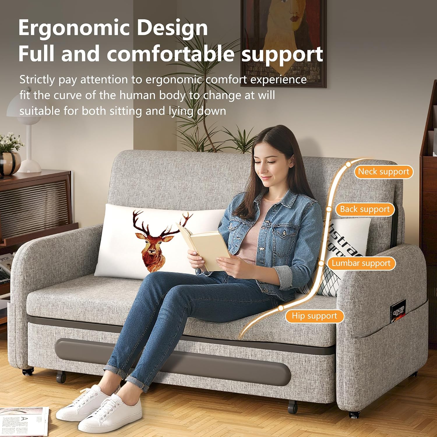 Versatile Pull-Out Sofa Bed – Compact Futon Couch for Small Spaces, Gray/White, 34.25' D x 59.84' W x 37.4' H, Ideal for Living Room & RV (61.61')