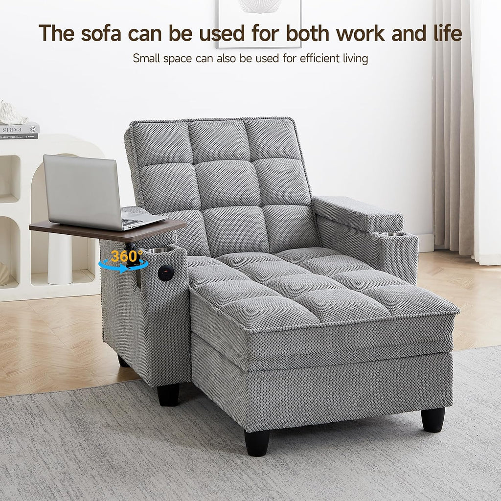 41.7' Chaise Lounge Chair Indoor, Oversized Boucle Upholstered Sofa Bed, Adjustable Backrest Deep Seat Reading Chair, Sofas Couches for Living Room with Storage, Cup Holders & 360° Swivel Side Table