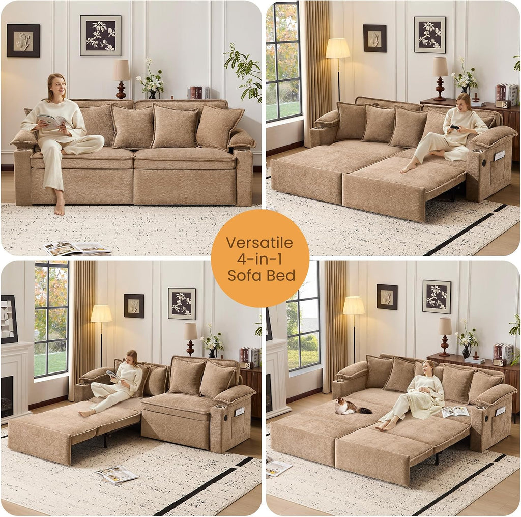 SUNWAVE 83' King Size Pull Out Sofa Bed, 4-in-1 Convertible Sleeper Sofa Bed with USB Ports, Cup Holders, Side Pockets, Corduroy Oversized Loveseat Chaise Lounge for Living Room, Small Space