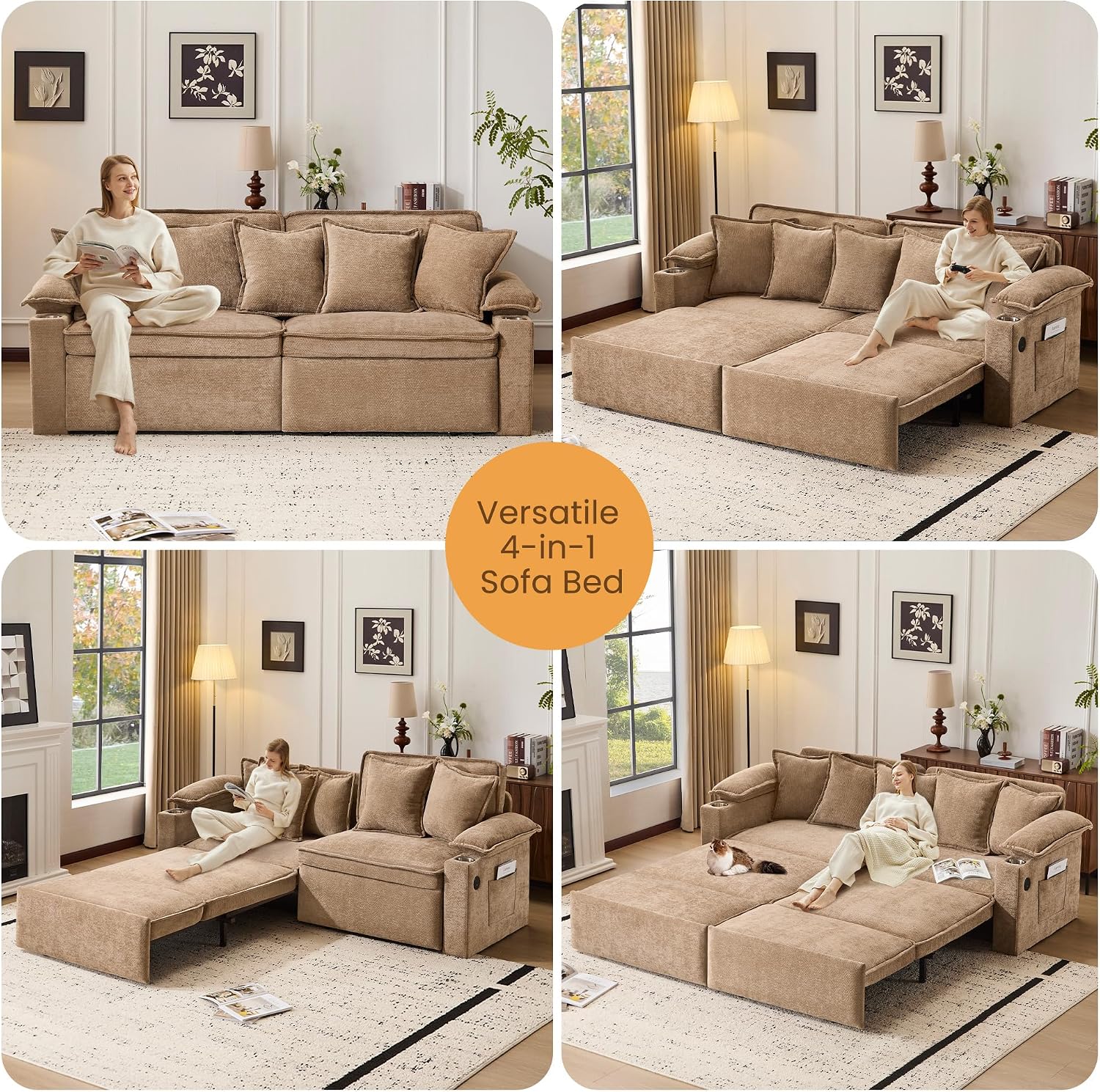 SUNWAVE 83' King Size Pull Out Sofa Bed, 4-in-1 Convertible Sleeper Sofa Bed with USB Ports, Cup Holders, Side Pockets, Corduroy Oversized Loveseat Chaise Lounge for Living Room, Small Space