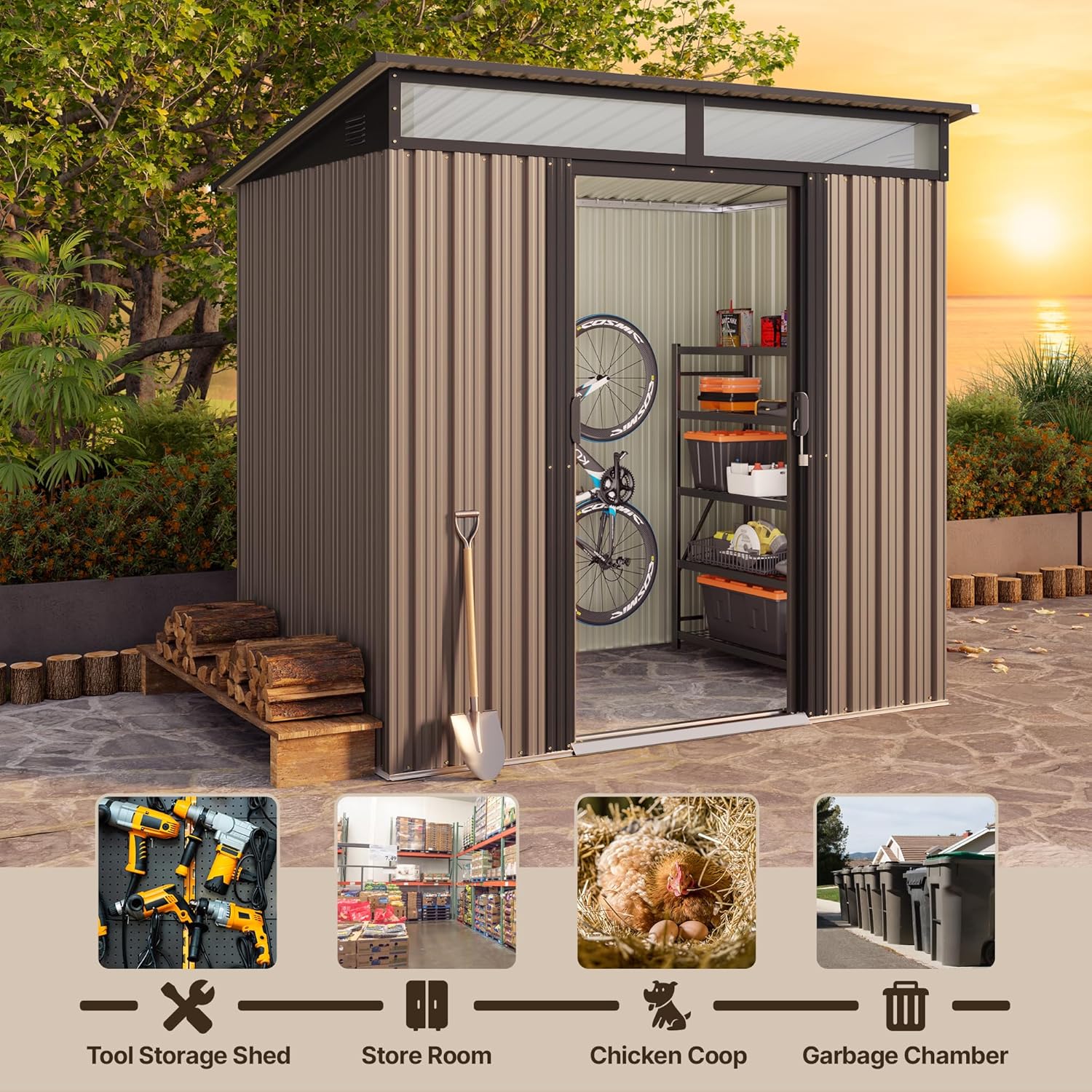 Gizoon 6'x4' Outdoor Storage Shed Metal Garden Shed with Sliding Lockable Doors, Versatile Tool Bike Shed with Transparent Panel Windows, Outdoor Storage Clearance for Backyard, Patio, Light Brown