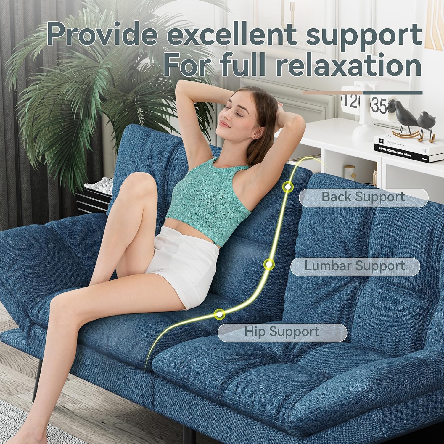Futon Sofa Bed Convertible Couch, Blue Linen Sofa Bed with Memory Foam, Adjustable Backrest & Armrests, Multifunctional Small Loveseat Sleeper Sofa for Living Room, Apartment, Office