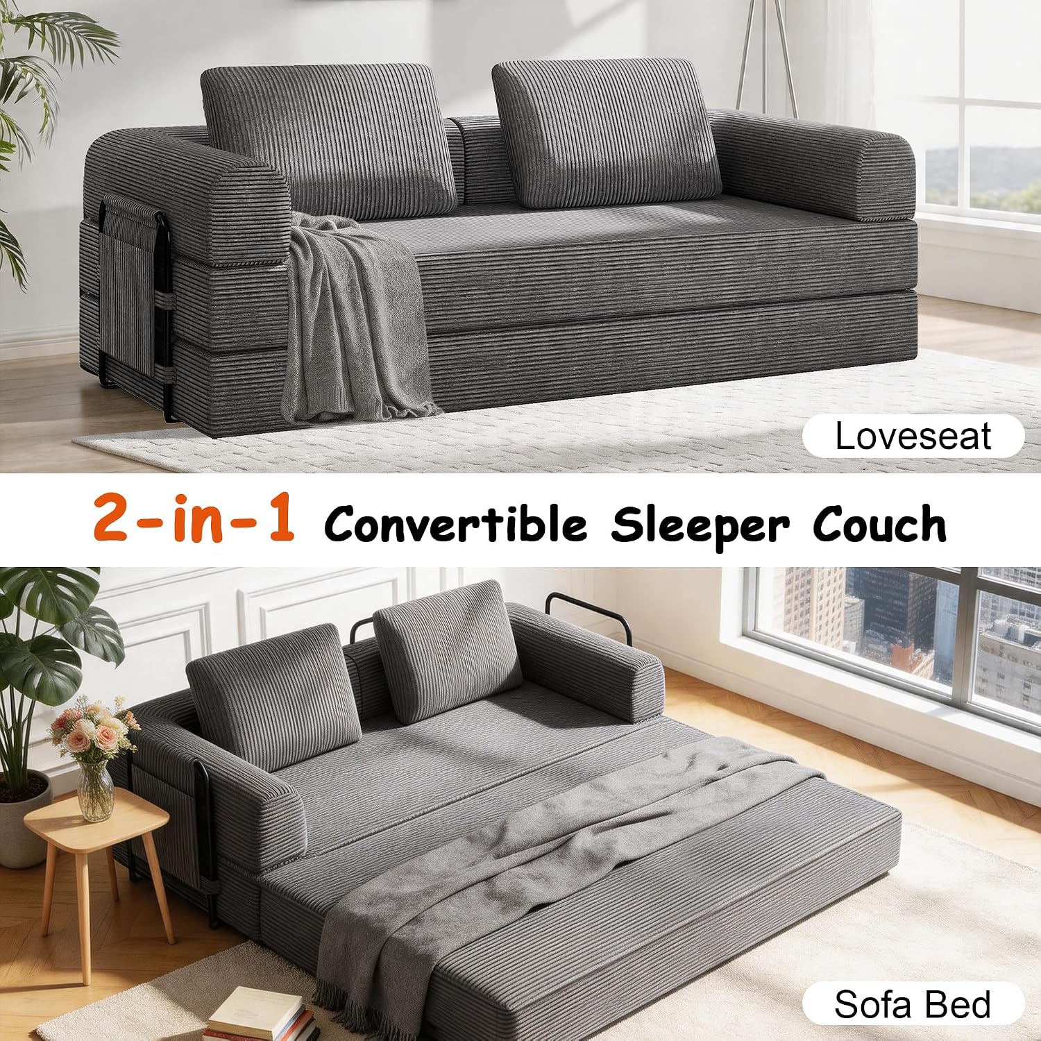78' Convertible Sofa Bed, 5-in-1 Boneless Sleeper Sofa with with Fixed Frame & Pocket, Corduroy Pull Out Couch with 2 Pillows, Couch Bed for Living Room, Small Spaces, Bedroom, No Assembly