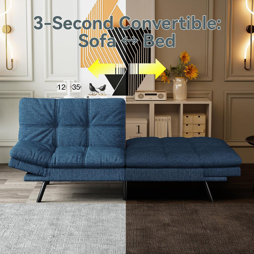 Futon Sofa Bed Convertible Couch, Blue Linen Sofa Bed with Memory Foam, Adjustable Backrest & Armrests, Multifunctional Small Loveseat Sleeper Sofa for Living Room, Apartment, Office