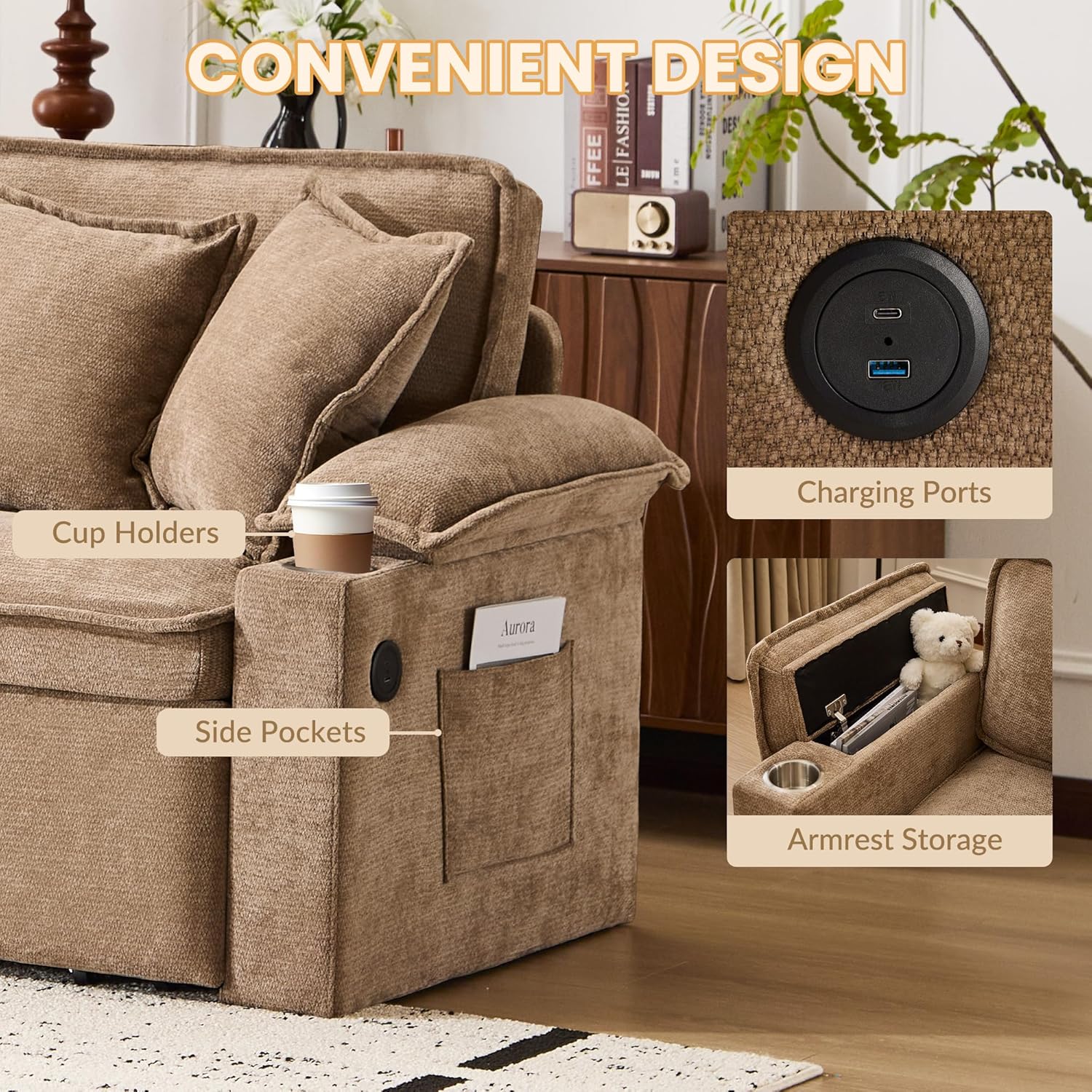 SUNWAVE 83' King Size Pull Out Sofa Bed, 4-in-1 Convertible Sleeper Sofa Bed with USB Ports, Cup Holders, Side Pockets, Corduroy Oversized Loveseat Chaise Lounge for Living Room, Small Space