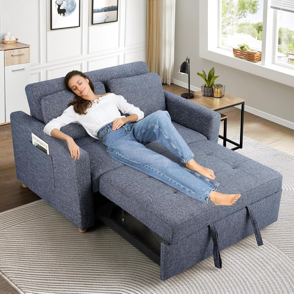 SEJOV Convertible Sofa Bed, 3-in-1 Sleeper Sofa Pull Out Couch Bed, 2-Seater Linen Fabric Loveseat Futon with Spring Support, Adjustable Backrest for Small Spaces, Living Room, Navy Blue