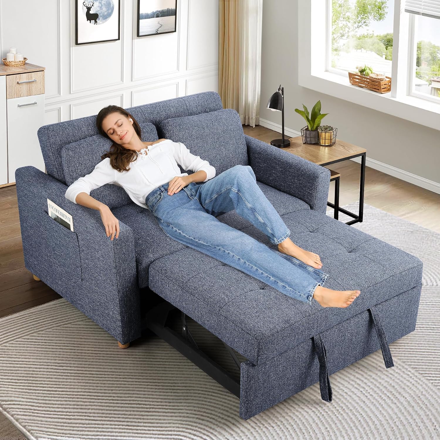 SEJOV Convertible Sofa Bed, 3-in-1 Sleeper Sofa Pull Out Couch Bed, 2-Seater Linen Fabric Loveseat Futon with Spring Support, Adjustable Backrest for Small Spaces, Living Room, Navy Blue