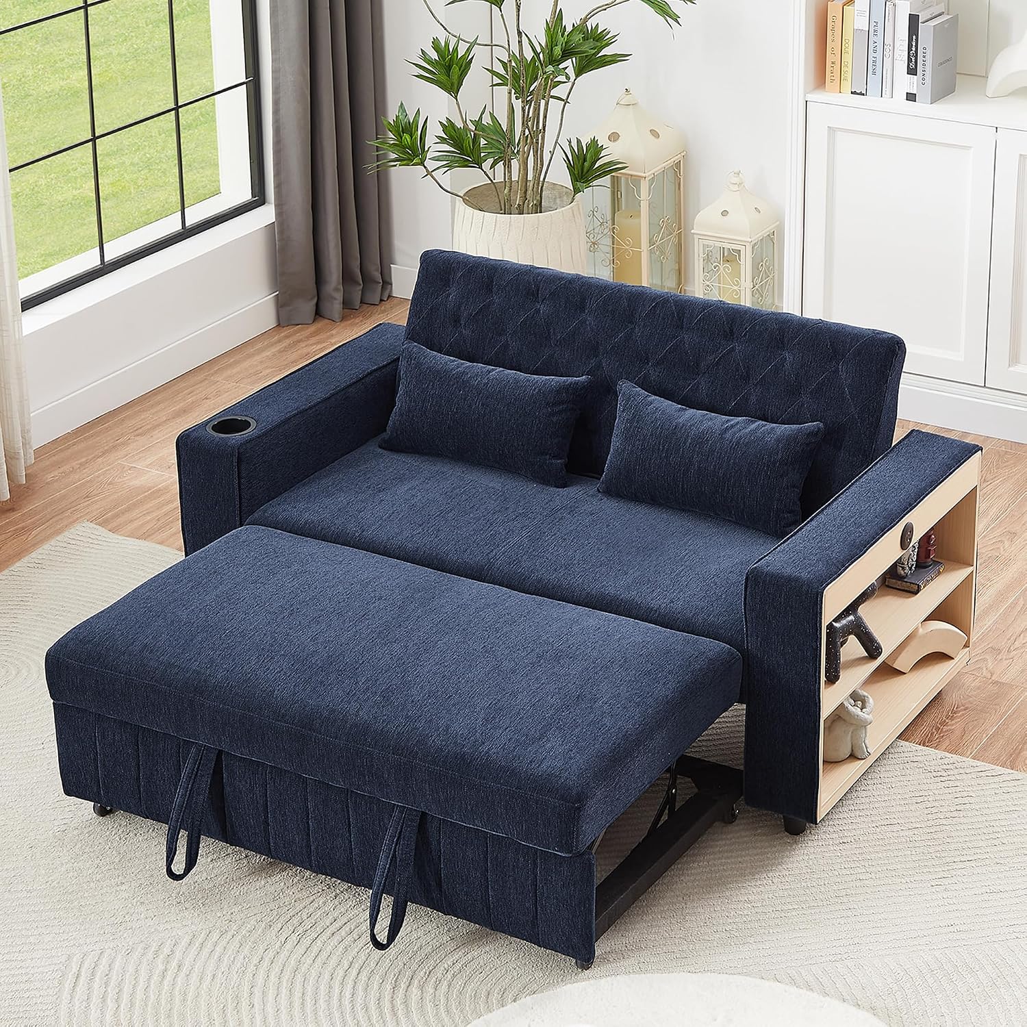 Merax 3 in 1 Convertible Sleeper Sofa Bed with Storage, Futon Couches for Living Room with USB Ports | CupHolder| Reversible Backrest | Pull Out Couch |Small Loveseat,Blue