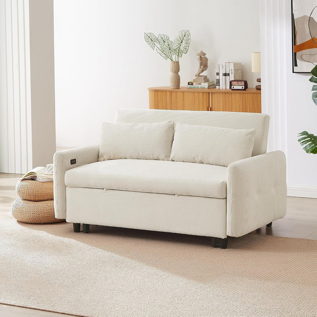 Merax Pull-Out Sofa Bed Convertible Couch 2 Seat Loveseat Sofa Modern Sleeper Sofa with Two Throw Pillows and USB Ports for Living Room, Beige