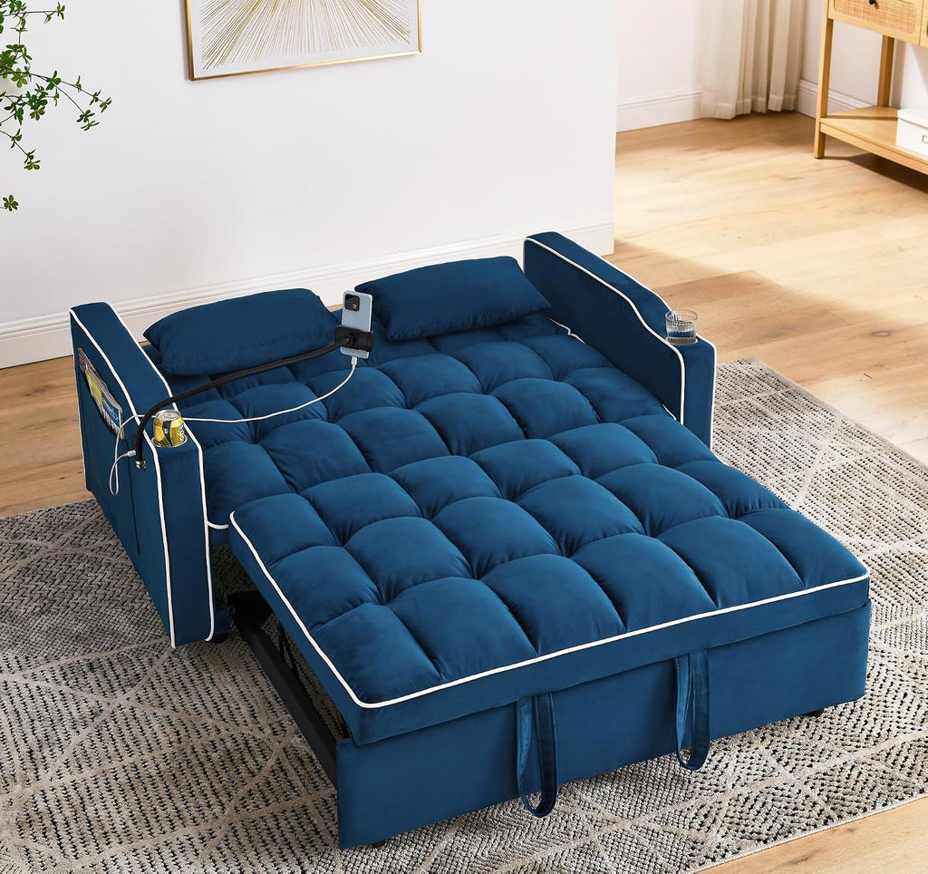 Merax Foldable Sofa Bed with USB Charging Ports, Pull Out Velvet Loveseat Sleeper with Phone Holder, Modern Futon Couch with Cup Holders & Adjustable Backrest for Living Room, Blue