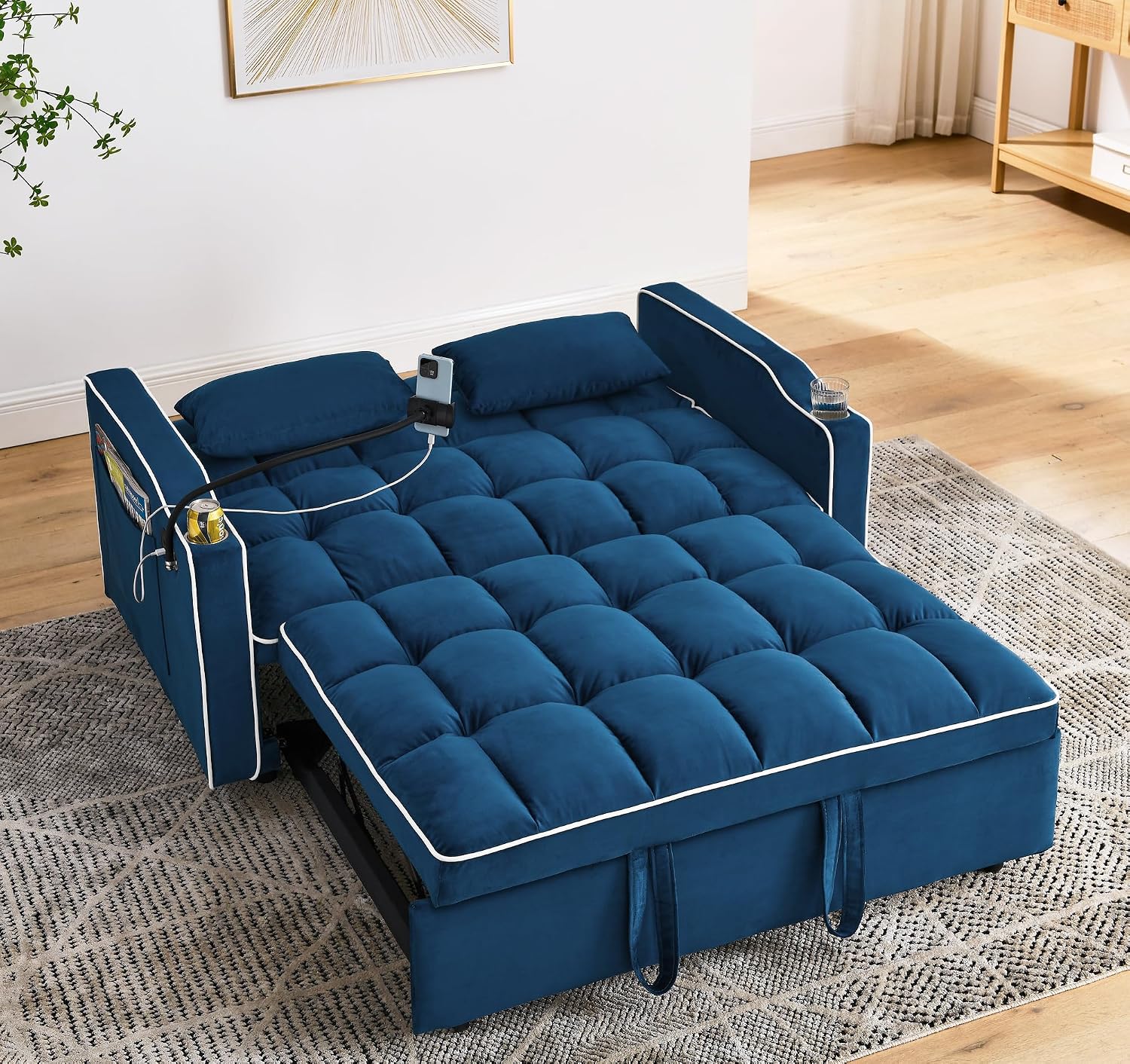 Merax Foldable Sofa Bed with USB Charging Ports, Pull Out Velvet Loveseat Sleeper with Phone Holder, Modern Futon Couch with Cup Holders & Adjustable Backrest for Living Room, Blue