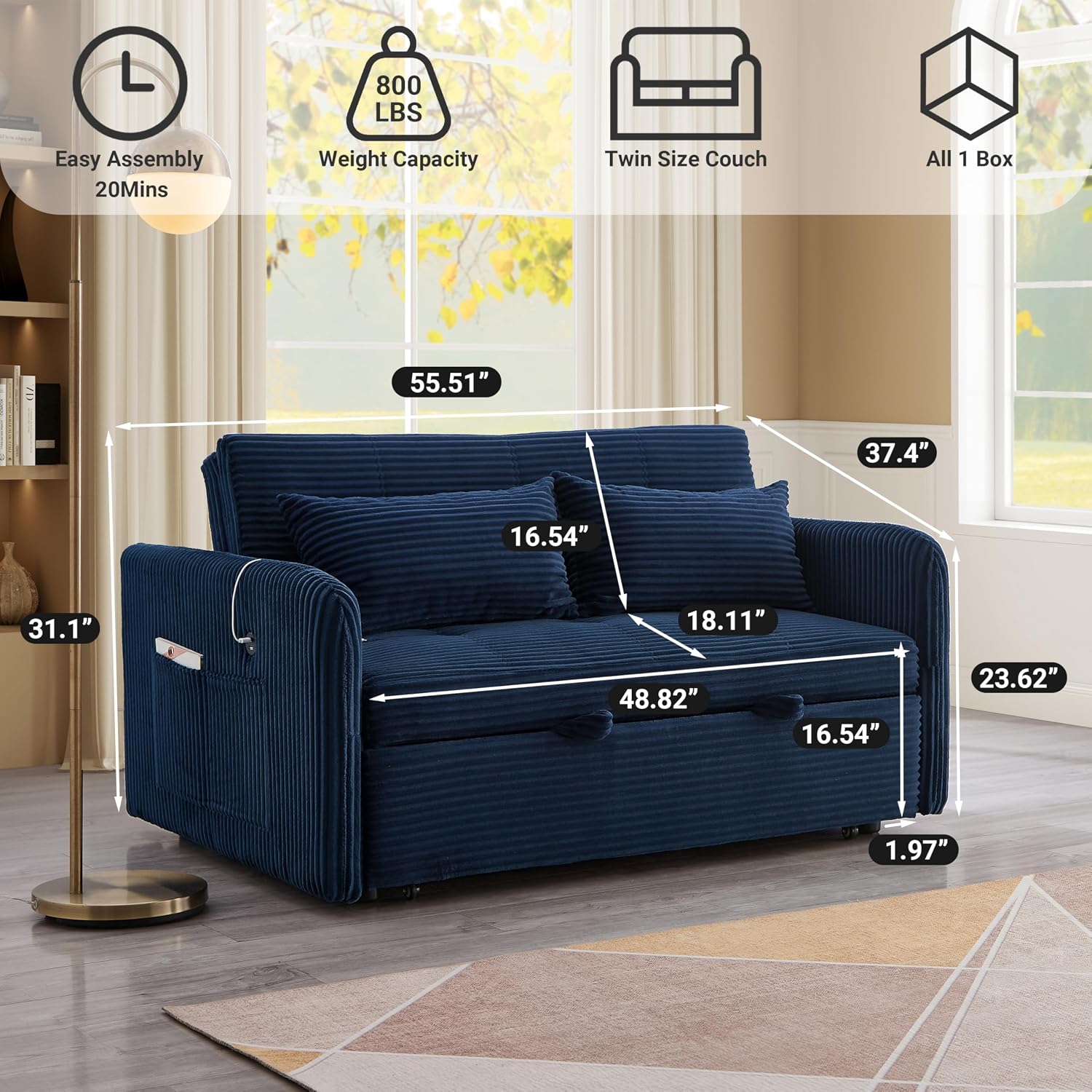 55.5' Corduroy Convertible Sofa Bed, Pull Out Sleeper Sofa Bed, Loveseat Couch with USB Charging Ports, 3 in 1 Convertible Sleeper Sofa Bed for Living Room, Apartment, Bedroom, RV, Blue