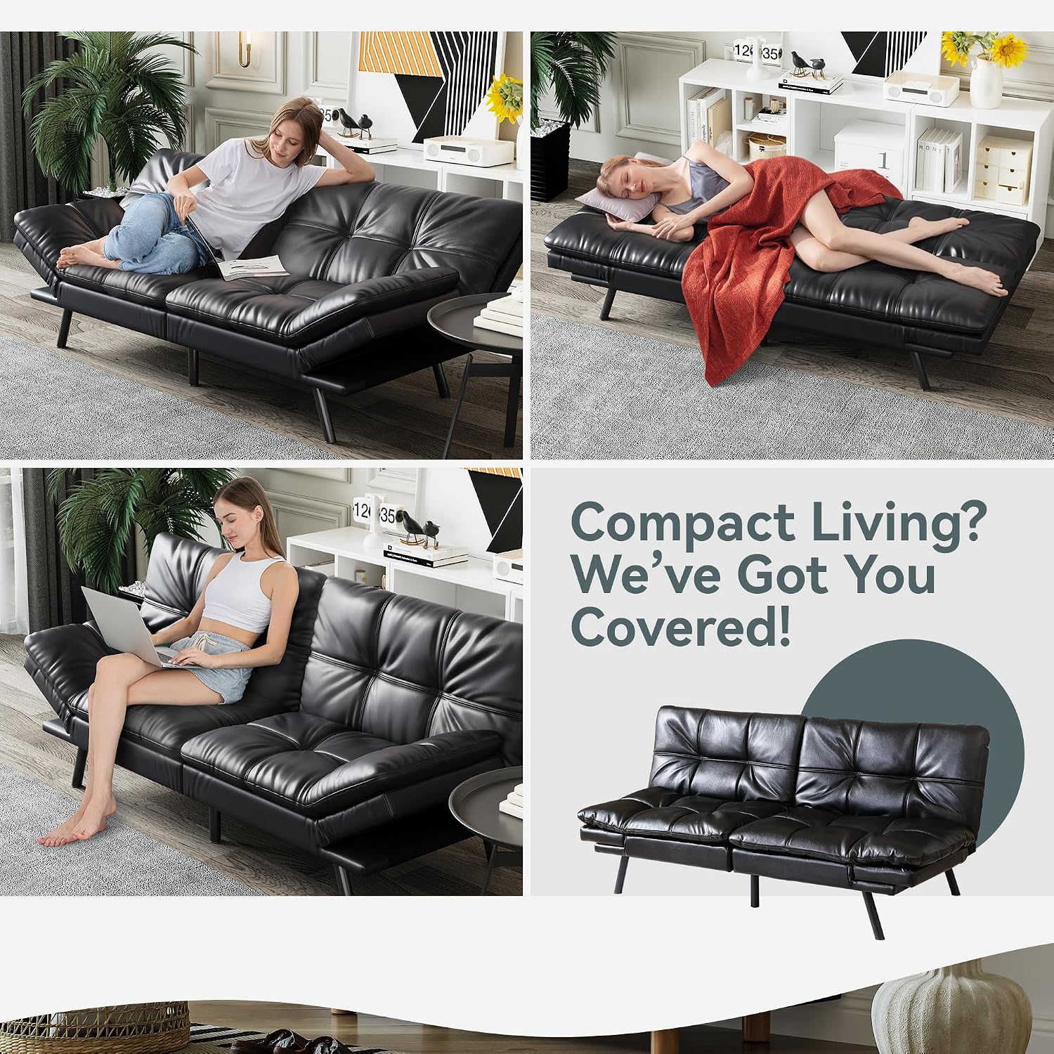 Futon Sofa Bed Convertible Couch, Black Faux Leather Sofa Bed with Memory Foam, Adjustable Backrest & Armrests, Multifunctional Small Loveseat Sleeper Sofa for Living Room, Apartment, Office