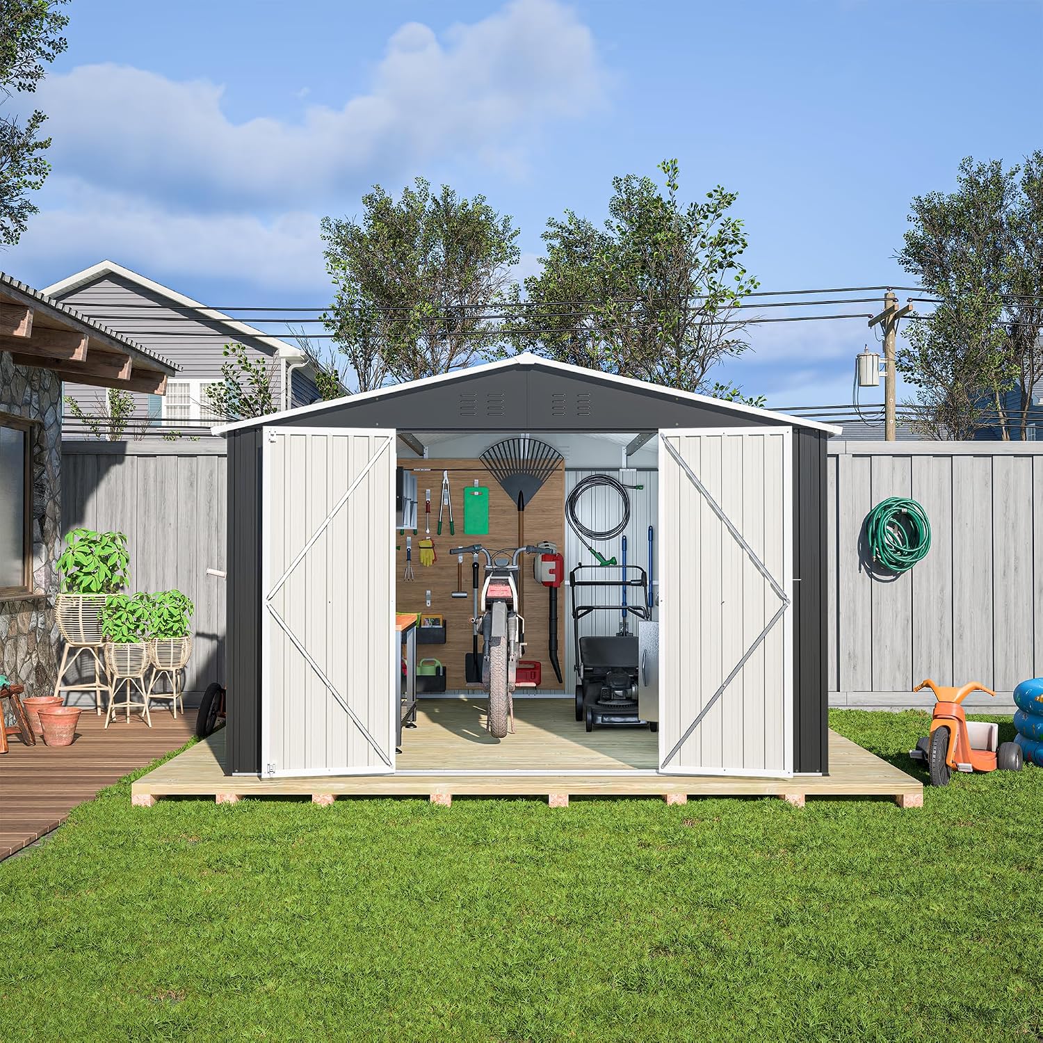 YOPTO 10x12 FT Outdoor Storage Shed,Utility Metal Tool Storage with Lockable Doors and Waterproof Roof, Large Garden Shed for Backyard, Patio Lawn, Black