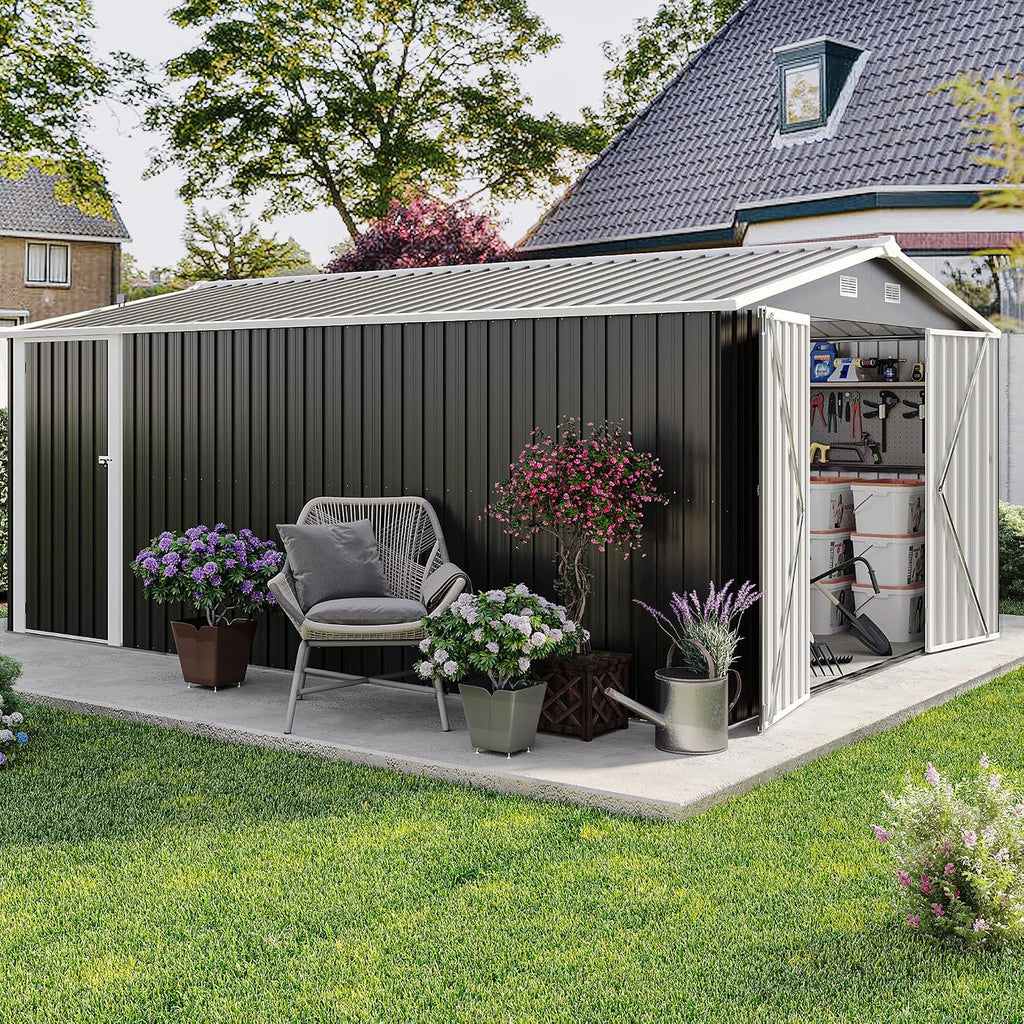 10 x14 FT Outdoor Storage Shed, Extra Large Metal Garden Shed with Waterproof Roof and 3 Lockable Doors, All-Weather Utility Tool Shed Storage House for Backyard, Patio, Lawn (Dark Gray)