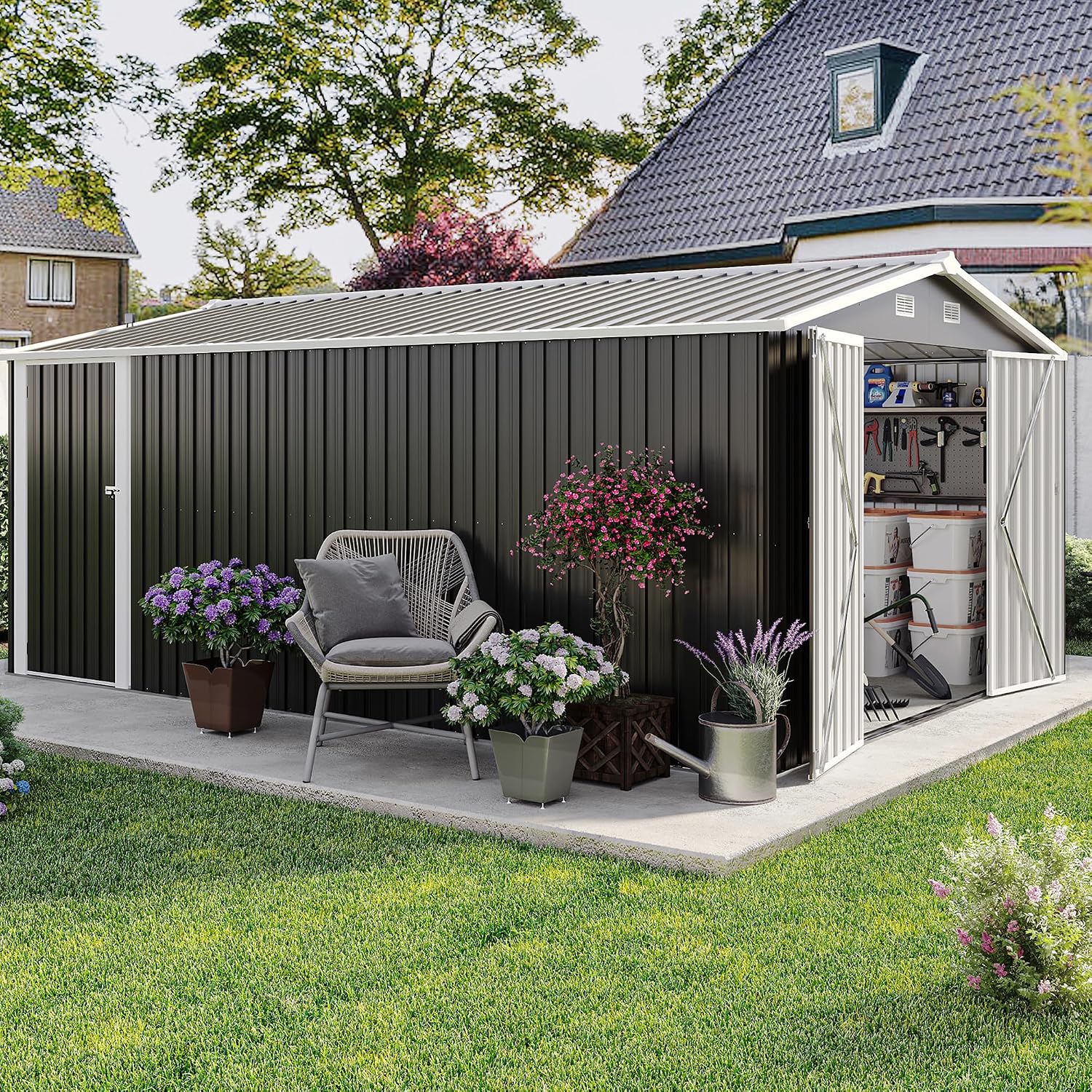 10 x14 FT Outdoor Storage Shed, Extra Large Metal Garden Shed with Waterproof Roof and 3 Lockable Doors, All-Weather Utility Tool Shed Storage House for Backyard, Patio, Lawn (Dark Gray)