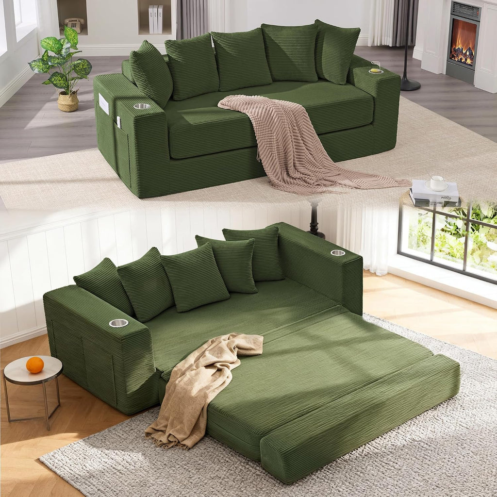 76' Convertible Sofa Bed, 2-in-1 Boneless Sleeper Sofa with Cup Holder & Pocket, Corduroy Pull Out Couch with 5 Pillows, Couch Bed for Living Room, Small Spaces, Bedroom, No Assembly