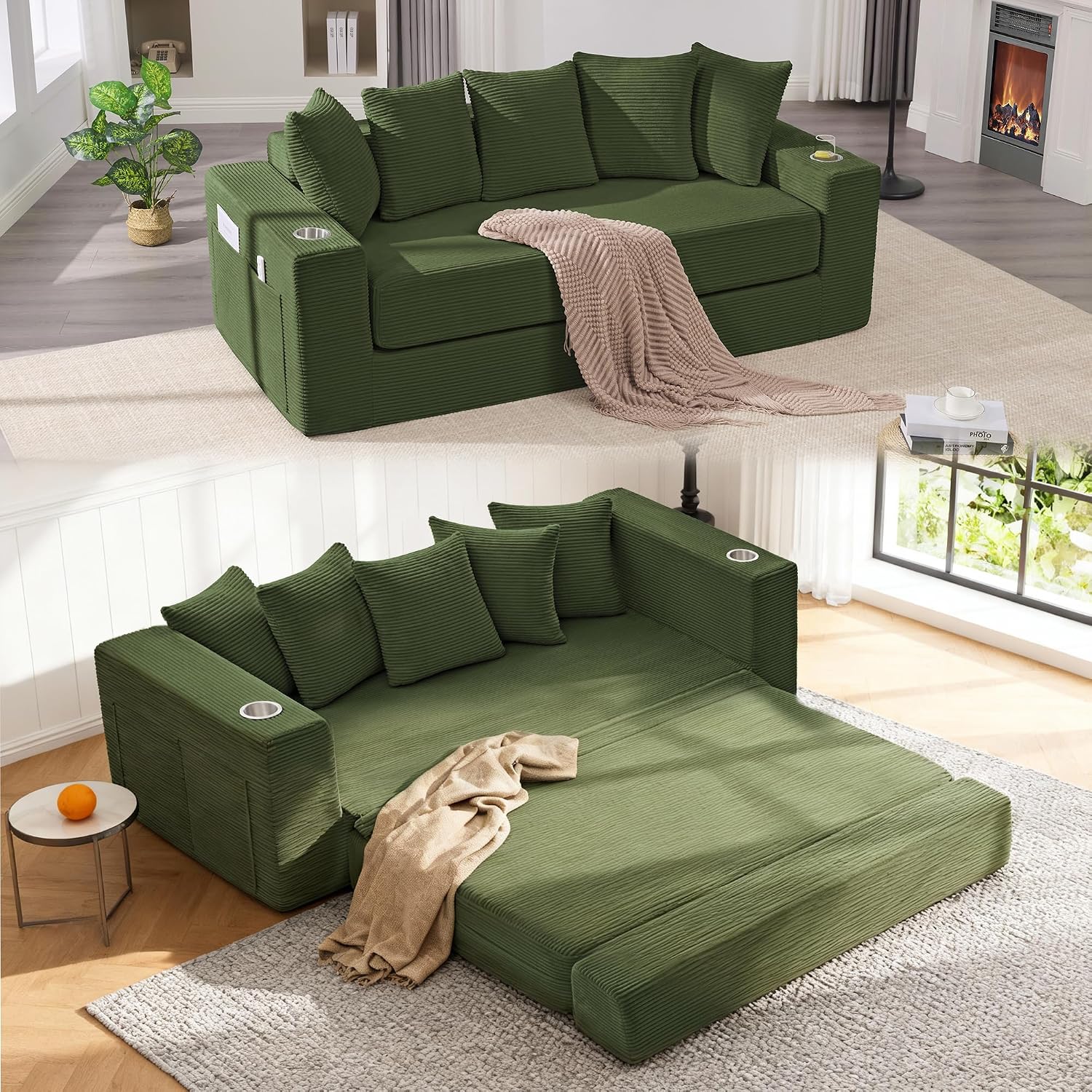 76' Convertible Sofa Bed, 2-in-1 Boneless Sleeper Sofa with Cup Holder & Pocket, Corduroy Pull Out Couch with 5 Pillows, Couch Bed for Living Room, Small Spaces, Bedroom, No Assembly