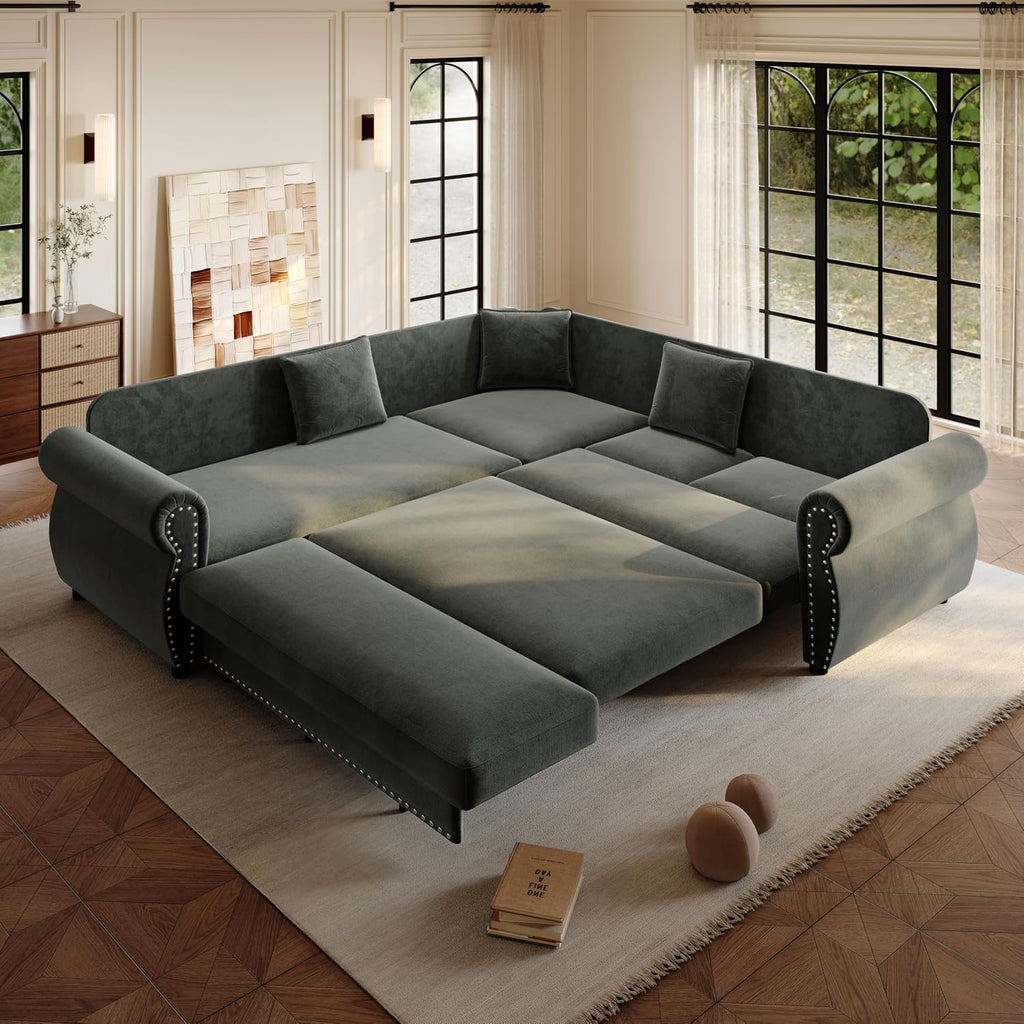 88.2' Sectional Sleeper Sofa with Pull Out Bed - Oversize L-Shaped Convertible Sleeper Couch Bed, Button Tufted Chesterfield Sofa, Chenille Vintage Couches for Living Room(4-Seater, Dark Grey)
