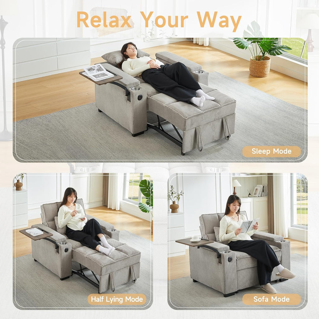 oaaktu Large Size Convertible Sleeper Chair Futon Sofa Bed, Comfortable Thick Cushion Single Sleeper Sofa Handheld Storage and Adjustable Backrest | Reading Chair with Rotating Small Table (Khaki)