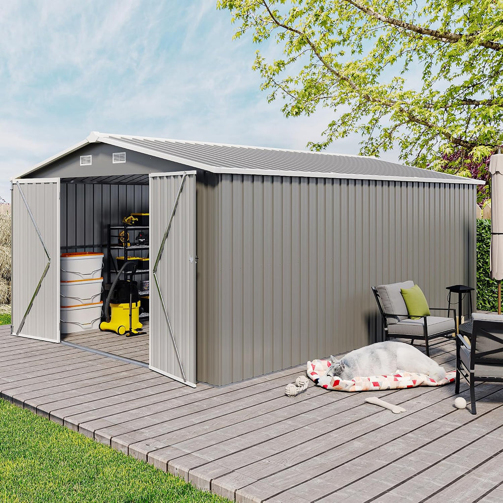 10 x14 FT Outdoor Storage Shed, Extra Large Metal Garden Shed with Waterproof Roof and 3 Lockable Doors, All-Weather Utility Tool Shed Storage House for Backyard, Patio, Lawn (Light Gray)